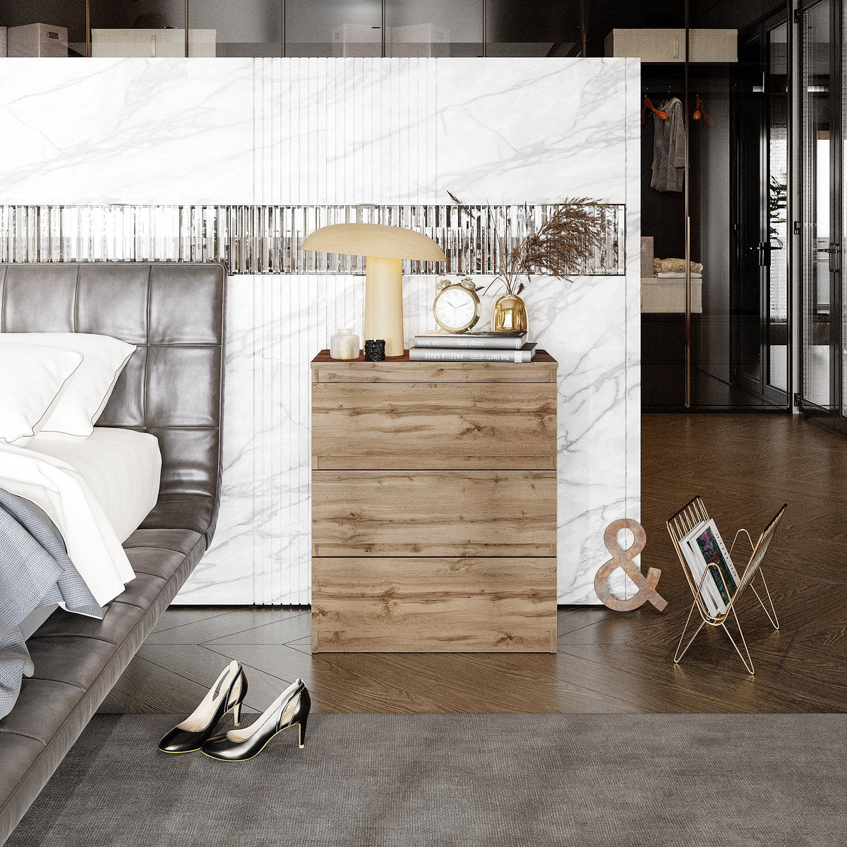 JILCO Nachtkastje 60 x 72 x 33 cm – Nachtkast met 3 Lades, Wotan Eiken, MFC