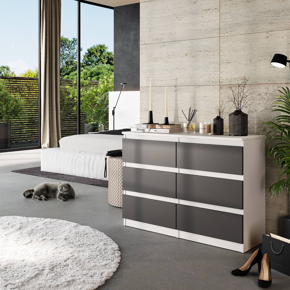 JASON Dressoir / Sideboard met 6 Laden – Wit Mat / Antraciet, MFC, H71 × B100 × D33 cm