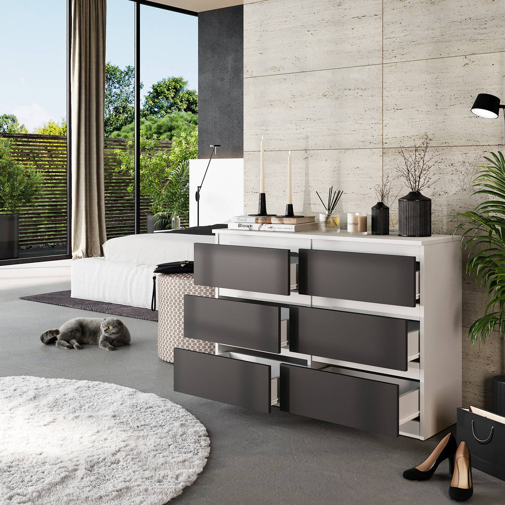 JASON Dressoir / Sideboard met 6 Laden – Wit Mat / Antraciet, MFC, H71 × B100 × D33 cm