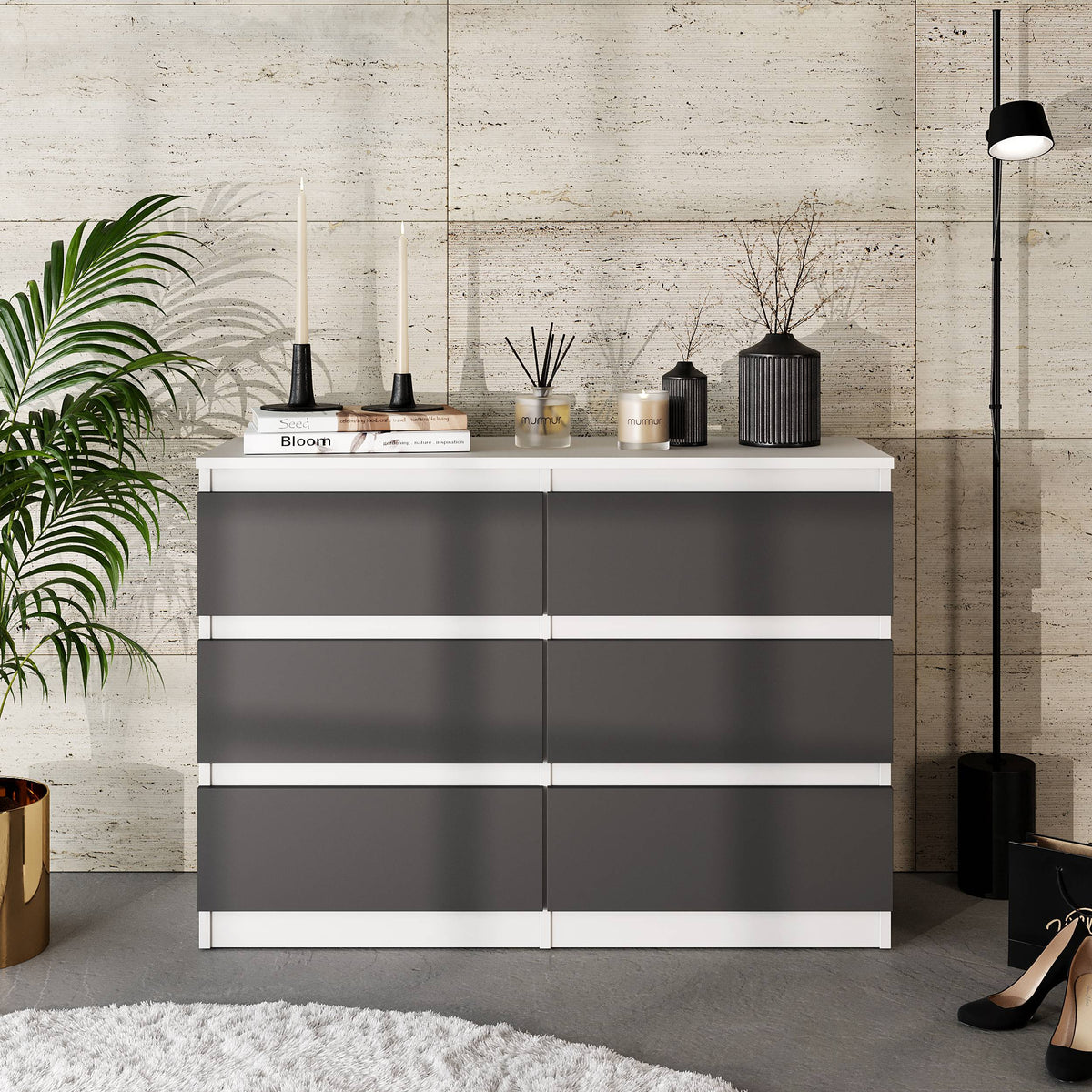 JASON Dressoir / Sideboard met 6 Laden – Wit Mat / Antraciet, MFC, H71 × B100 × D33 cm