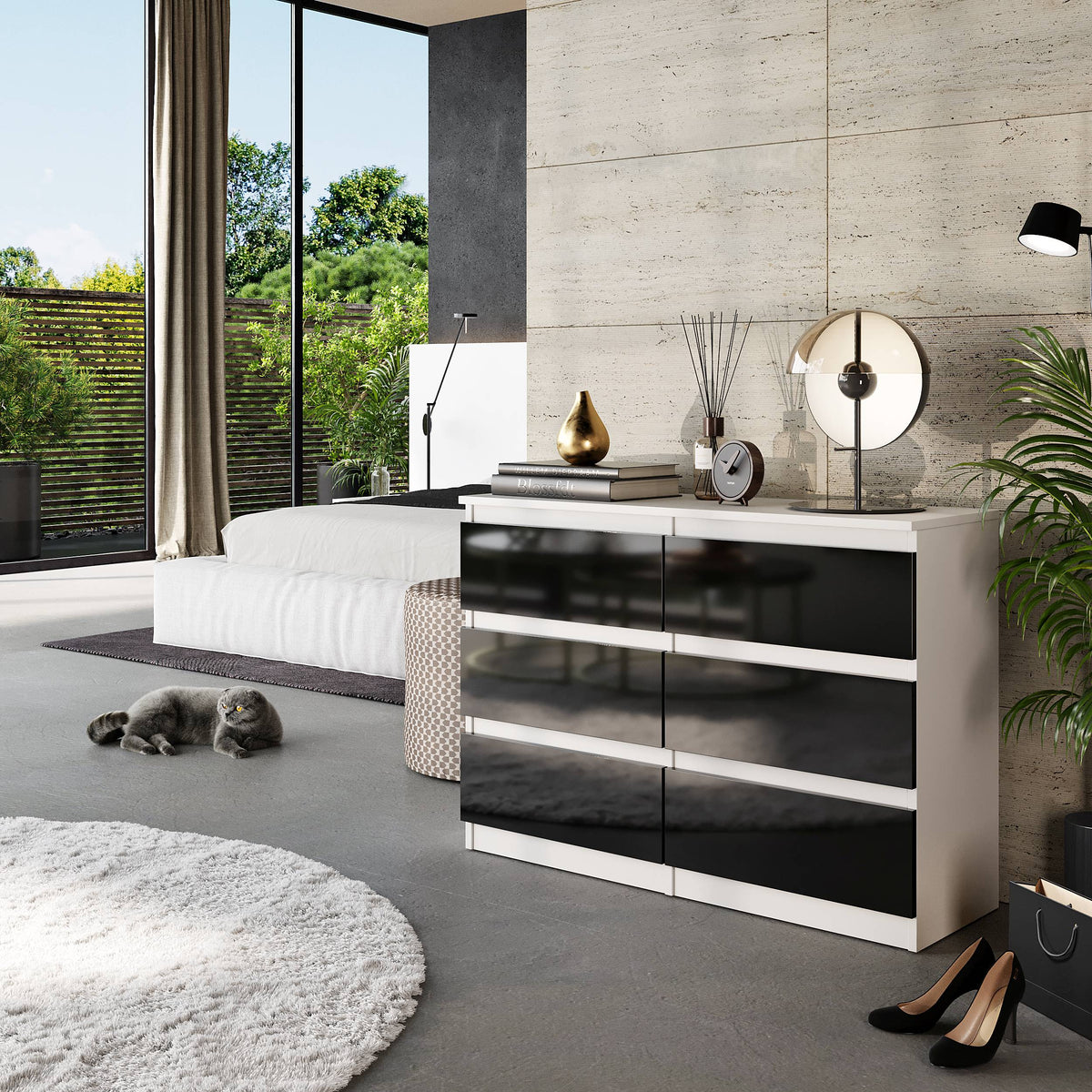 ALWIN Ladekast 100 x 71 x 33 cm – Dressoir met 6 Lades, Mat Wit & Hoogglans Zwart, MFC