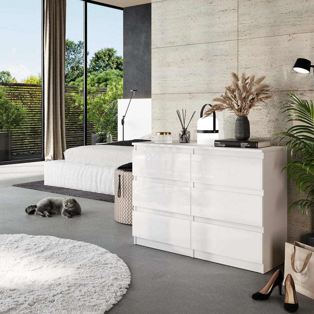 CORNELIS Ladekast 100 x 71 x 33 cm – Dressoir met 6 Lades, Mat Wit & Hoogglans Wit, MFC