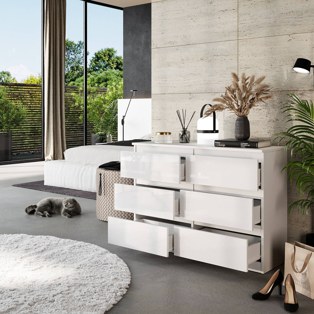 CORNELIS Ladekast 100 x 71 x 33 cm – Dressoir met 6 Lades, Mat Wit & Hoogglans Wit, MFC