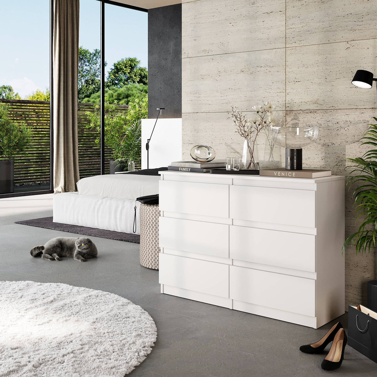CORNELIS Ladekast 100 x 71 x 33 cm – Dressoir met 6 Lades, Mat Wit, MFC Opbergkast