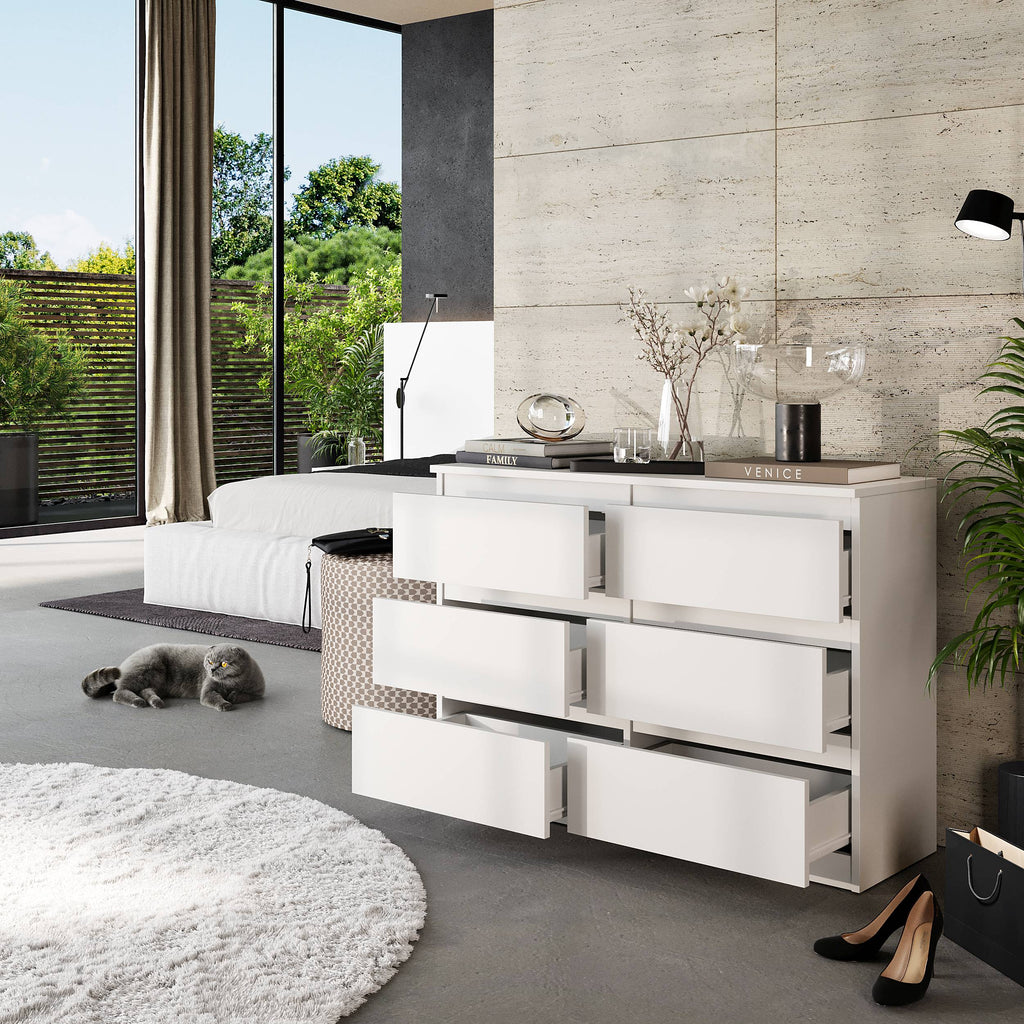 CORNELIS Ladekast 100 x 71 x 33 cm – Dressoir met 6 Lades, Mat Wit, MFC Opbergkast