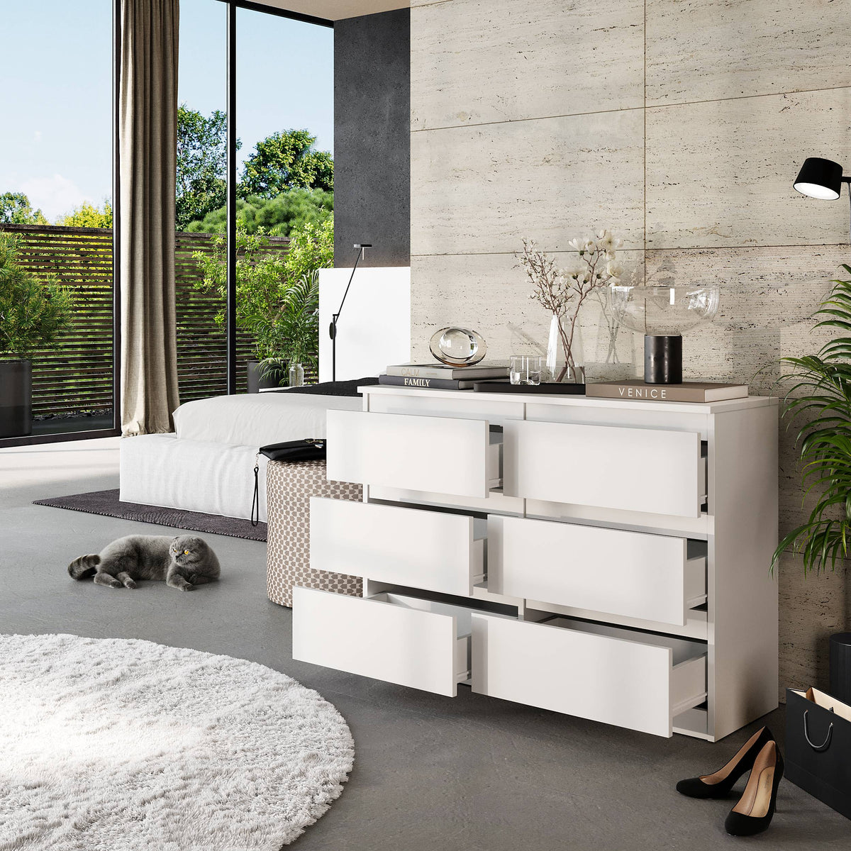 CORNELIS Ladekast 100 x 71 x 33 cm – Dressoir met 6 Lades, Mat Wit, MFC Opbergkast