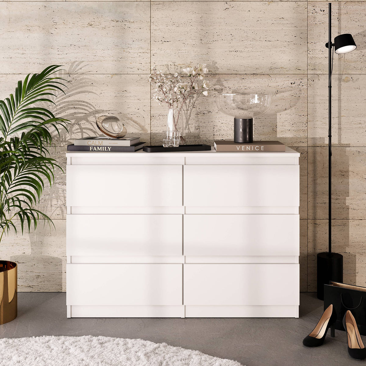 CORNELIS Ladekast 100 x 71 x 33 cm – Dressoir met 6 Lades, Mat Wit, MFC Opbergkast