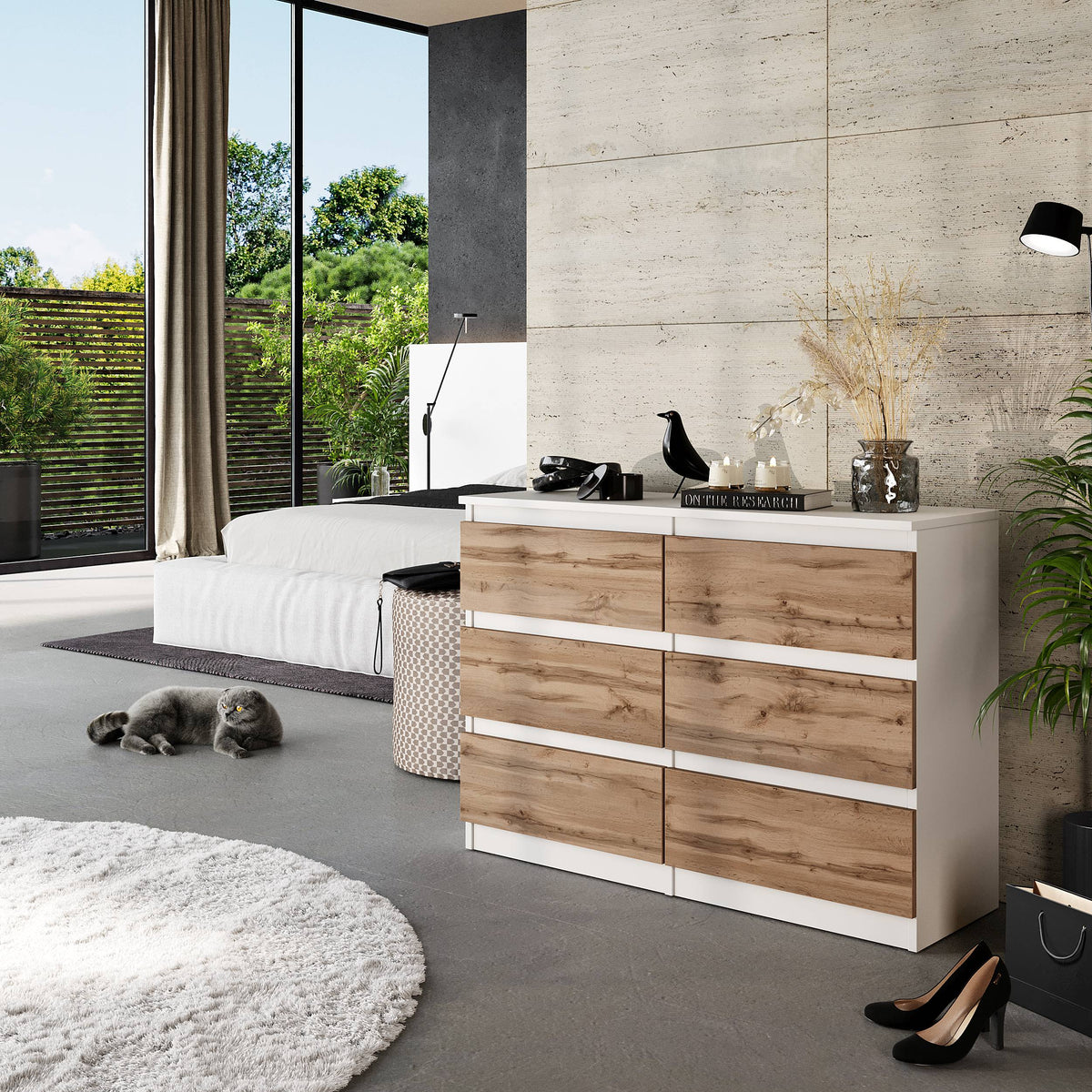 BASTIAN Ladekast 100 x 71 x 33 cm – Dressoir met 6 Laden, Mat Wit & Wotan Eiken, Modern