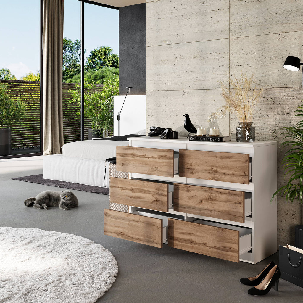 BASTIAN Ladekast 100 x 71 x 33 cm – Dressoir met 6 Laden, Mat Wit & Wotan Eiken, Modern