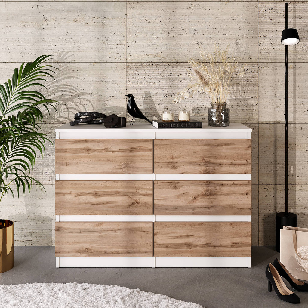 BASTIAN Ladekast 100 x 71 x 33 cm – Dressoir met 6 Laden, Mat Wit & Wotan Eiken, Modern