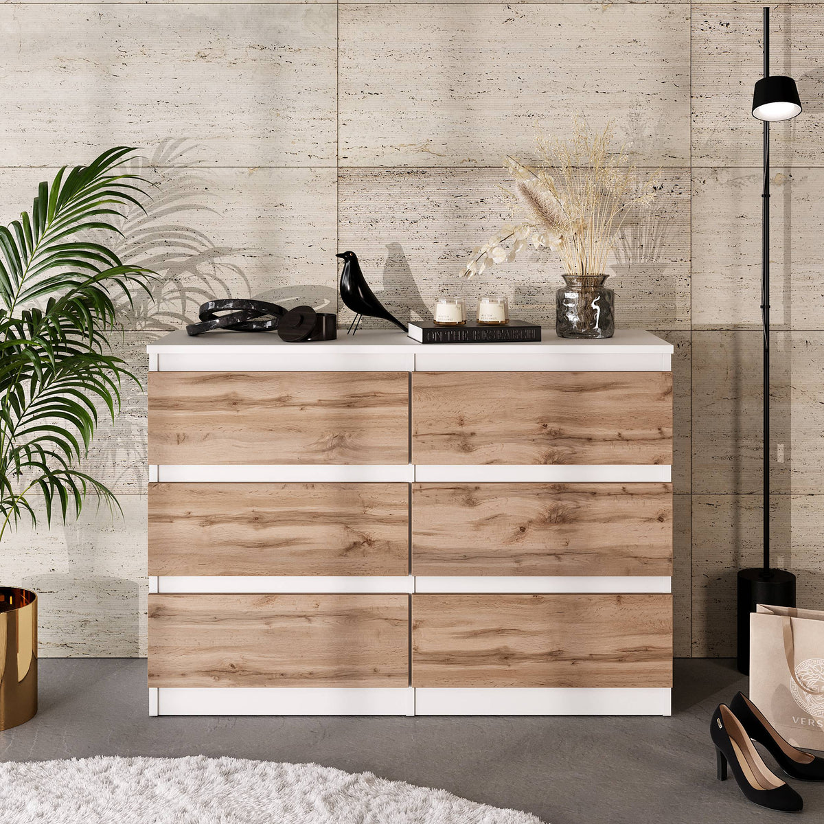 BASTIAN Ladekast 100 x 71 x 33 cm – Dressoir met 6 Laden, Mat Wit & Wotan Eiken, Modern
