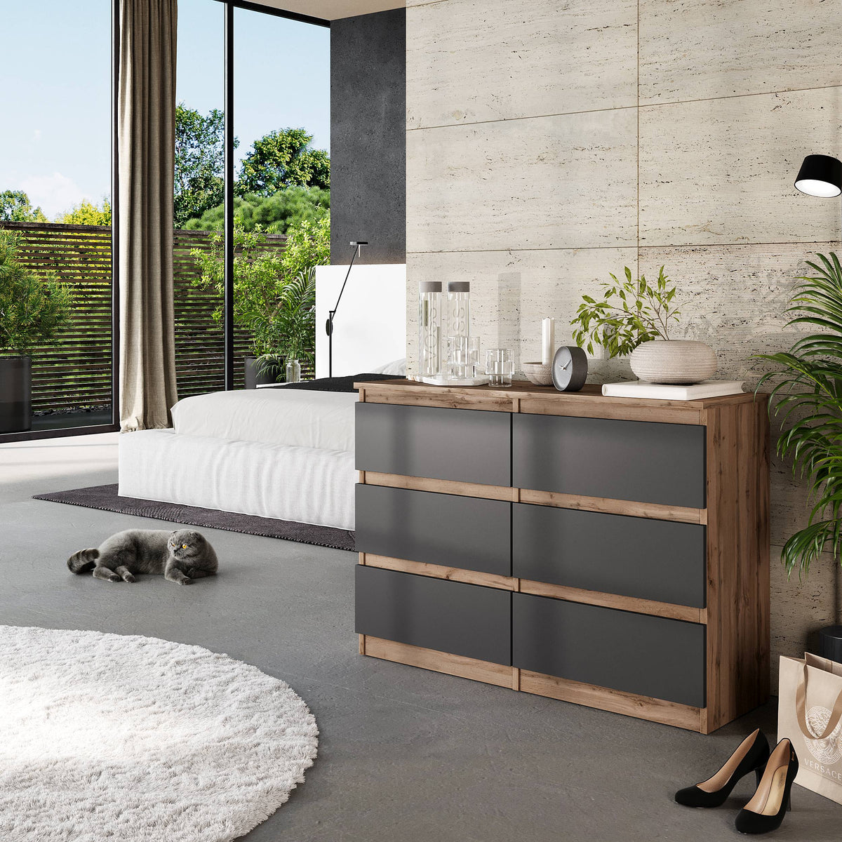 DANIEL Dressoir / Sideboard met 6 Laden – Wotan Eiken / Antraciet, MFC, H71 × B100 × D33 cm