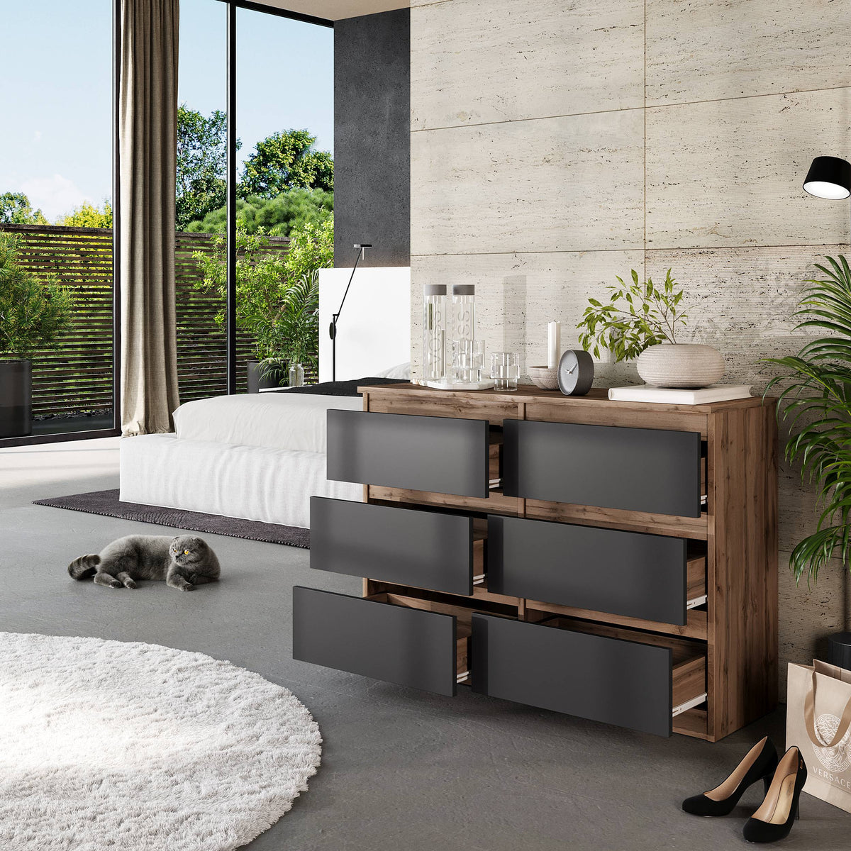 DANIEL Dressoir / Sideboard met 6 Laden – Wotan Eiken / Antraciet, MFC, H71 × B100 × D33 cm