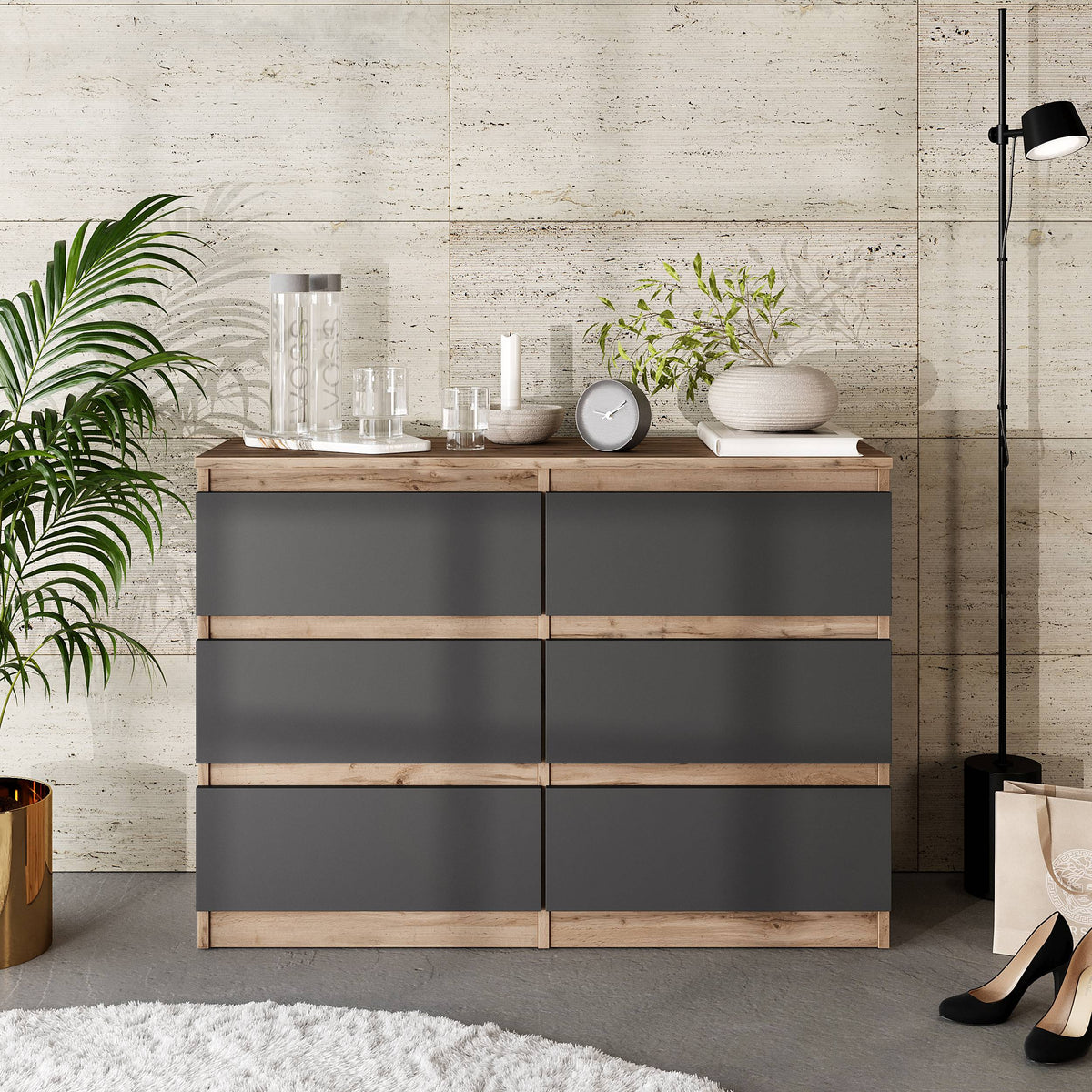 DANIEL Dressoir / Sideboard met 6 Laden – Wotan Eiken / Antraciet, MFC, H71 × B100 × D33 cm