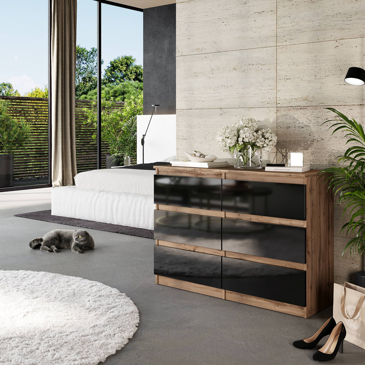 SAMUEL Dressoir / Sideboard met 6 Laden – Wotan Eiken / Zwart Hoogglans, MFC, H71 × B100 × D33 cm
