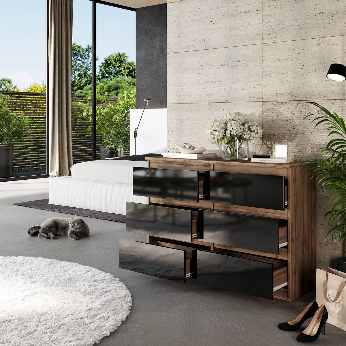 SAMUEL Dressoir / Sideboard met 6 Laden – Wotan Eiken / Zwart Hoogglans, MFC, H71 × B100 × D33 cm
