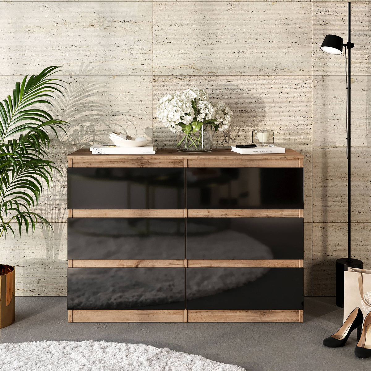 SAMUEL Dressoir / Sideboard met 6 Laden – Wotan Eiken / Zwart Hoogglans, MFC, H71 × B100 × D33 cm