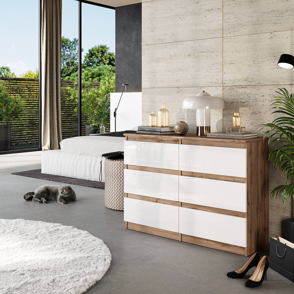NATHAN Dressoir / Sideboard met 6 Laden – Wotan Eiken / Wit Hoogglans, MFC, H71 × B100 × D33 cm