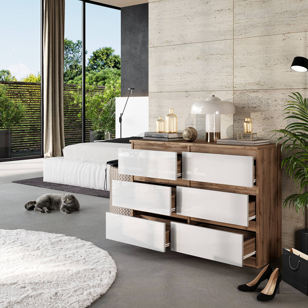 NATHAN Dressoir / Sideboard met 6 Laden – Wotan Eiken / Wit Hoogglans, MFC, H71 × B100 × D33 cm