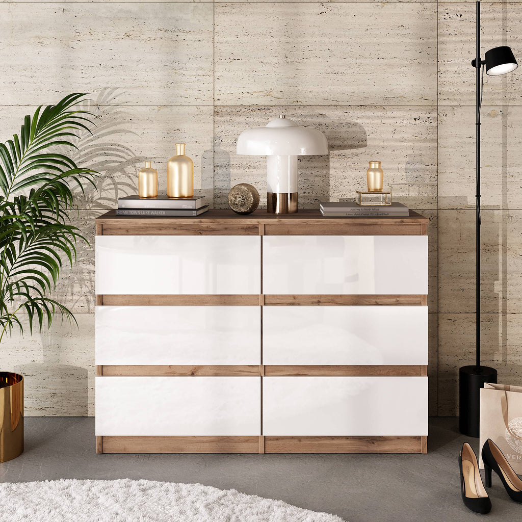 NATHAN Dressoir / Sideboard met 6 Laden – Wotan Eiken / Wit Hoogglans, MFC, H71 × B100 × D33 cm