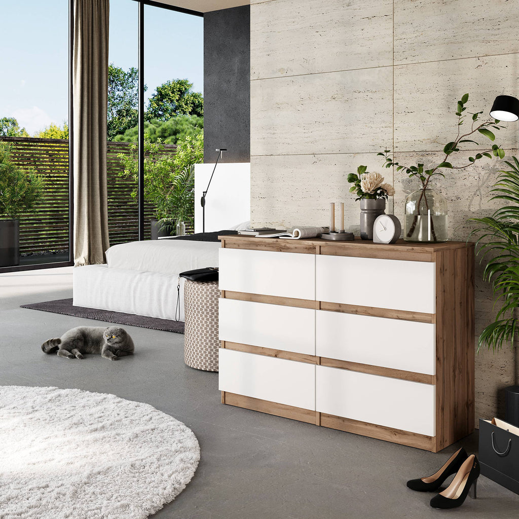 JASPER Dressoir / Sideboard met 6 Laden – Wotan Eiken / Wit Mat, MFC, H71 × B100 × D33 cm