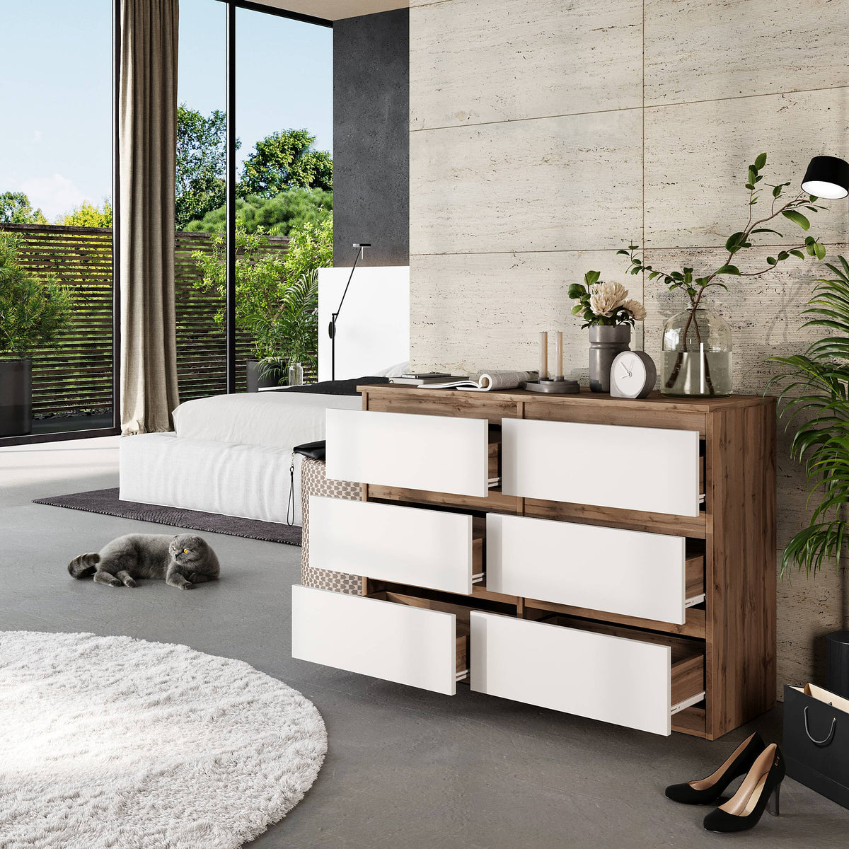 JASPER Dressoir / Sideboard met 6 Laden – Wotan Eiken / Wit Mat, MFC, H71 × B100 × D33 cm