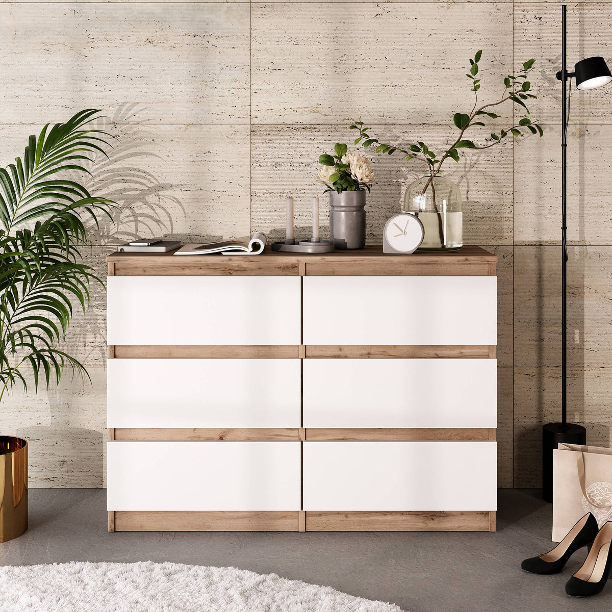 JASPER Dressoir / Sideboard met 6 Laden – Wotan Eiken / Wit Mat, MFC, H71 × B100 × D33 cm