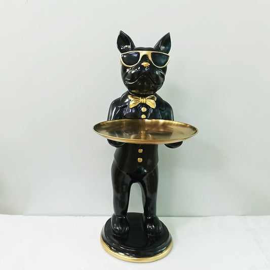 Polyresin bulldog zwart met dienblad