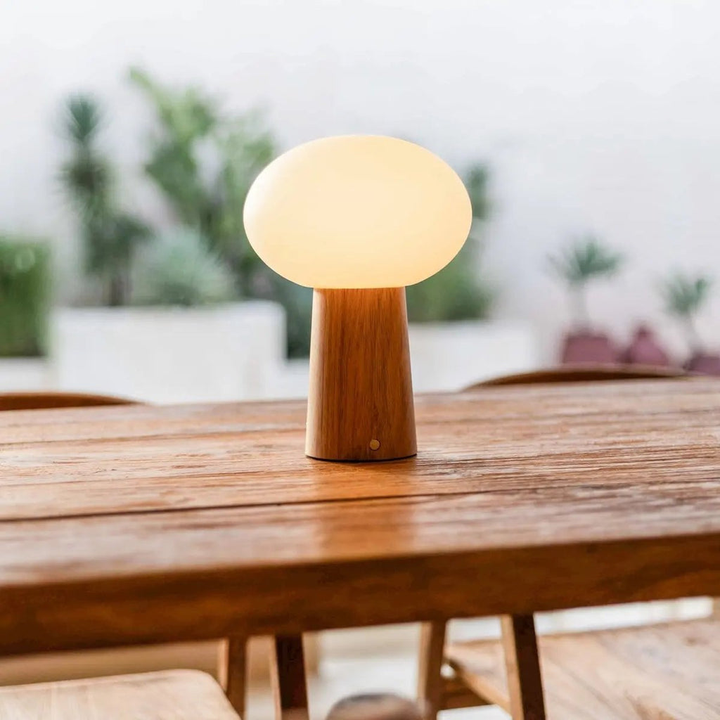 Max Oplaadbare Tafellamp – Rubberhout & Matglas – Lichtbruin – Draadloos – Dimbaar – IP44