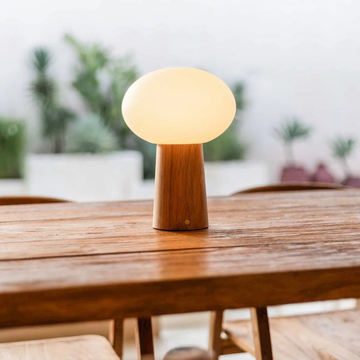 Max Oplaadbare Tafellamp – Rubberhout & Matglas – Lichtbruin – Draadloos – Dimbaar – IP44